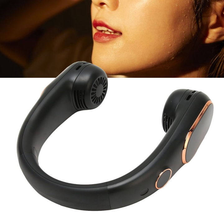 Nyakventilátor, 4 sebességes, csendes, penge nélküli, USB-s újratölthető, 2400 mAh-s akkumulátorral, LED-es digitális kijelzővel, hordozható, kihangosító ventilátor, fekete