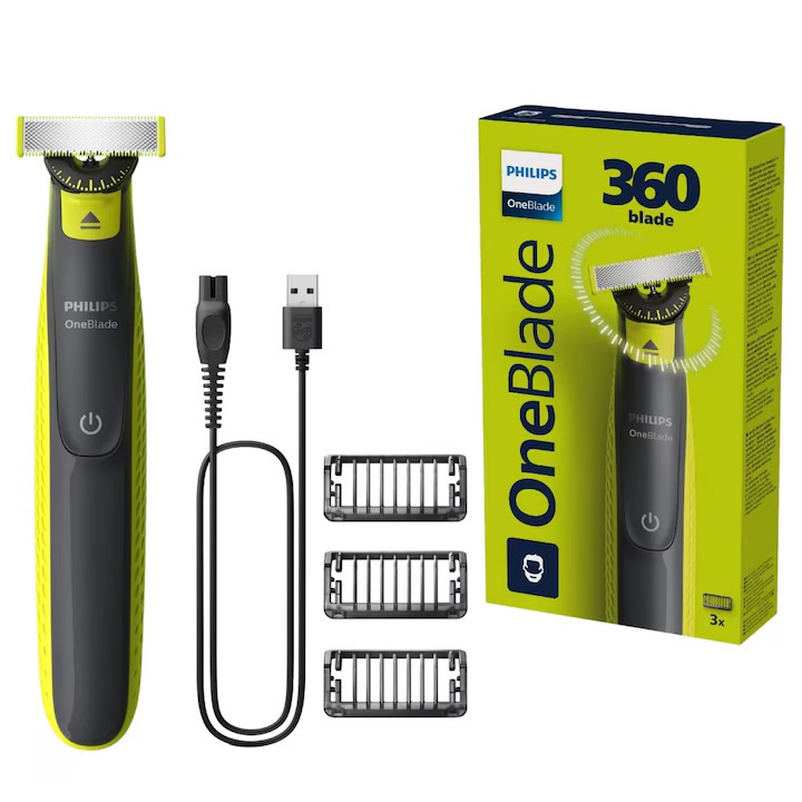 Акумулаторен хибриден уред за бръснене и подстригване на брада Philips OneBlade QP2724/23, 3 гребенa (1, 3, 5 mm), Мокра/суха употреба, 45 мин, USB-A, Защитен капак, Лайм