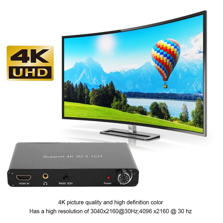 Jormftte HDMI audio elszívó, 4K, 5.1CH, fekete, 110-240V