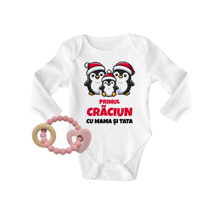 Set body personalizat de Craciun cu pinguini + jucarie zornaitoare in forma de inima - material silicon si lemn, 56 cm