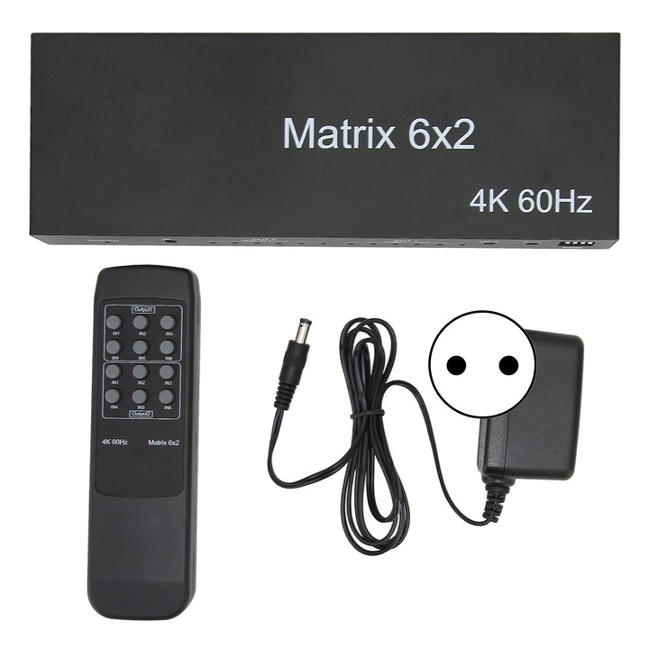 Jormftte 6x2 HD multimédia kapcsoló, 6 bemenet, 2 kimenet, 4K 60Hz felbontás, 200x70x25mm