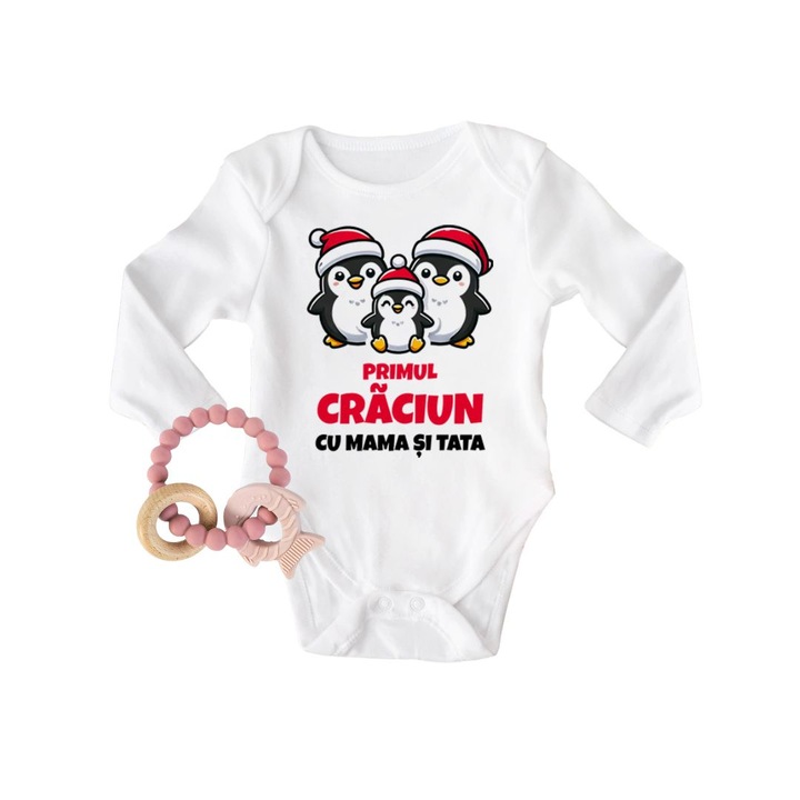 Set body personalizat de Craciun cu pinguini + jucarie zornaitoare in forma de pestisor - material silicon si lemn, 74 cm