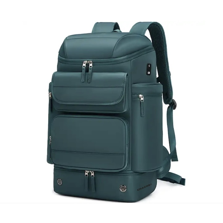 Prémium multifunkcionális hátizsák, Cracos®, zöld, űrtartalom: 30L, 55x31x20 cm, USB-port, külön rekeszek a laptopnak és a cipőknek, Vízálló, ideális utazáshoz vagy napi tevékenységhez