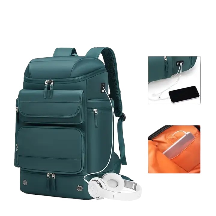 Rucsac Premium, Cracos®, verde, capacitate 30L, 55x31x20 cm, port USB, compartimente separate pentru laptop si Incaltaminte, Impermeabil, ideal pentru calatorii sau activitati zilnice