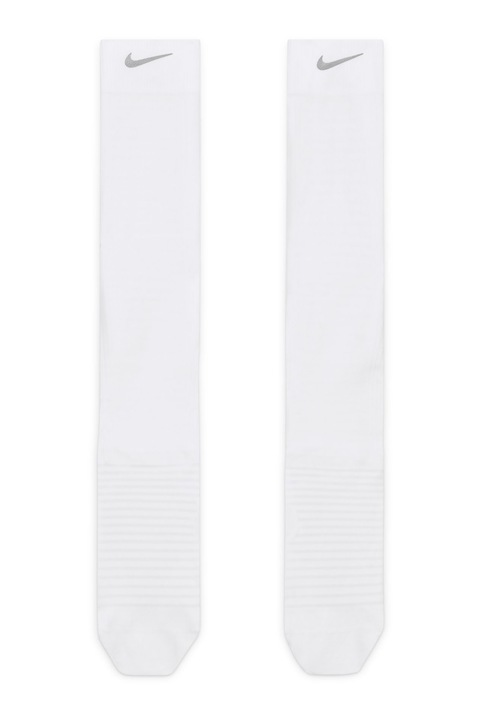 Nike, Sosete unisex cu detalii logo si tehnologie Dri-Fit, pentru alergare, Alb/Argintiu