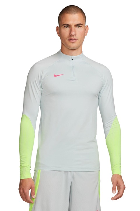 Nike, Футболна блуза с Dri-FIT и ръкави реглан, Светло сив/Неоново зелено
