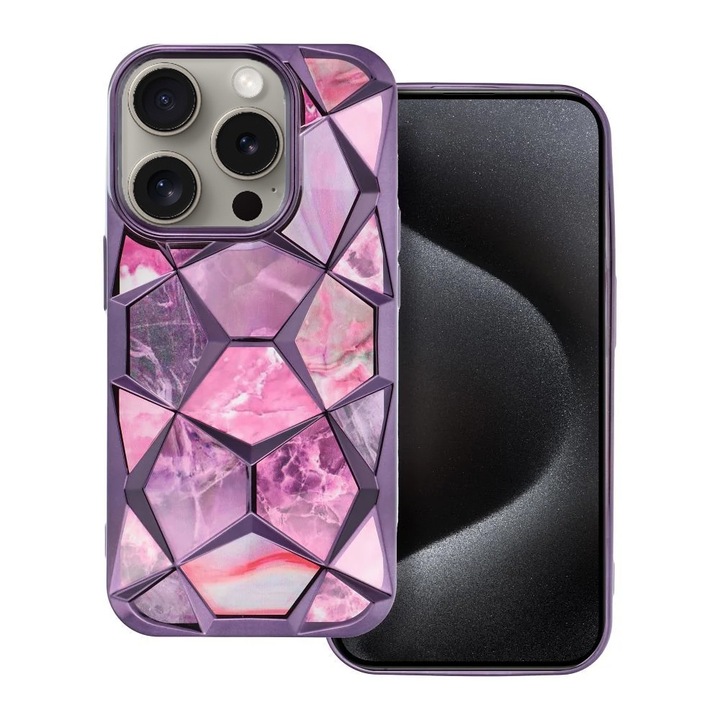 Калъф за Apple iPhone 15 Pro Max, 3D призма, дизайн 2 в 1, защита на камерата, галванични ръбове, прилепване, издръжлив, противоударен, удароустойчив, против пожълтяване, лилав цвят