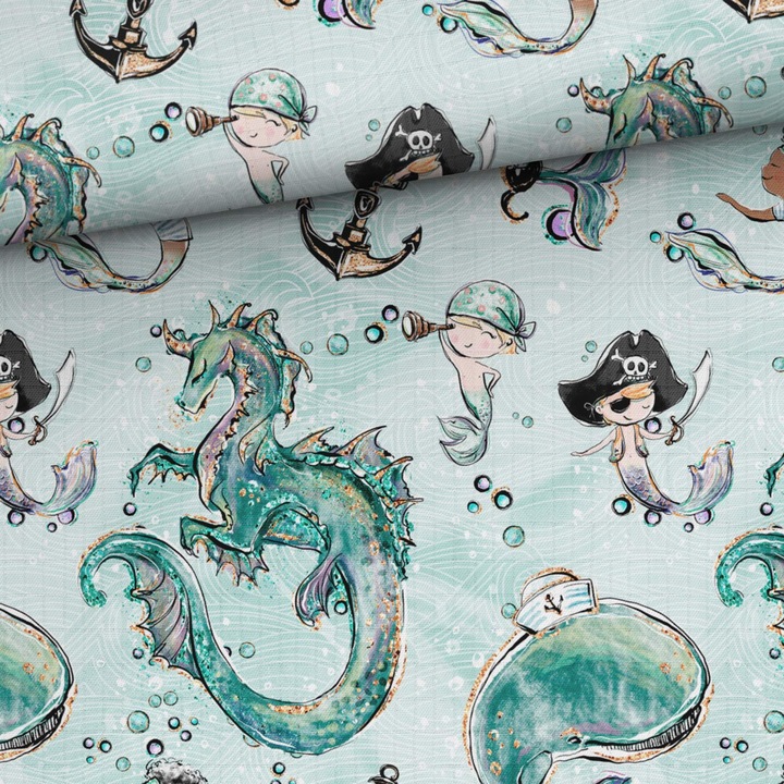 Material textil, Muselina de bambus imprimat Aventuri maritime, 100% bambus