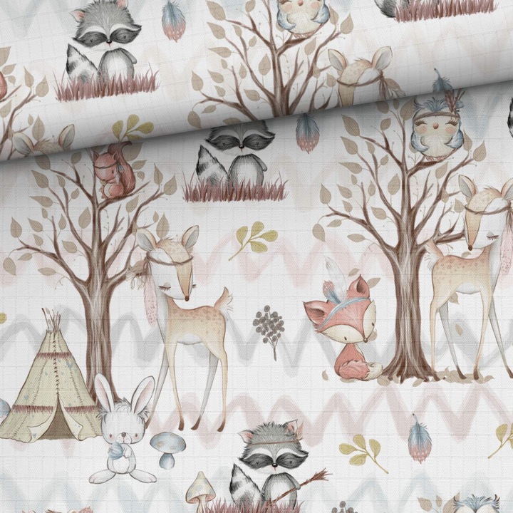 Material textil, Muselina de bambus imprimat Prietenii padurii, 100% bambus