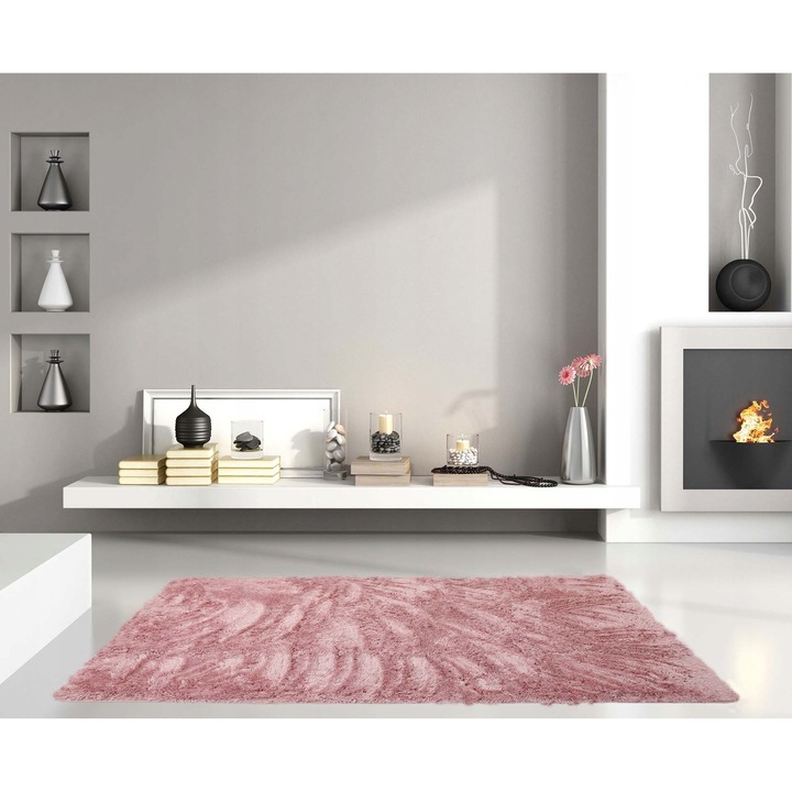 Covor Pufos, Elsimone, Material 100% Poliester Microfibra Super-Soft, Tip Fir Delicat, Moale, Pufos, Inaltime Fir Aprox 30 mm, Baza 3D, Partea De Jos A Covorului Antiderapanta Cu Nodule De Cauciuc, 100 x 150 cm, Roz