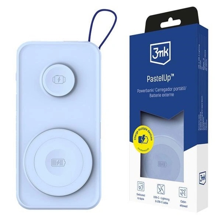 Baterie Externa Wireless 3MK PastelUp, 10000mAh, 22.5W, QC + PD + FQI, 1 x USB-A - 1 x USB-C - 2 x QI, Albastra