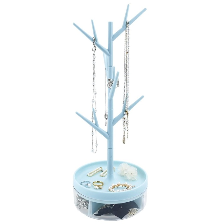 Cutie de Bijuterii, Rotativa, cu Suport Tip Ramura, 36.5 x 14 cm, din ABS+PP, Albastru