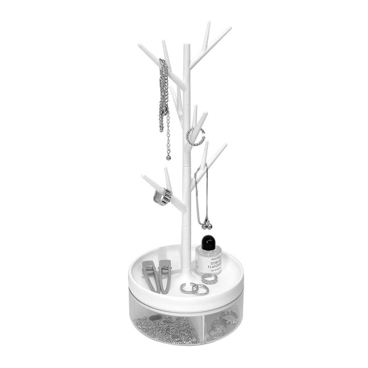 Cutie de Bijuterii, Cyrax, Rotativa, cu Suport Tip Ramura, 36.5 x 14 cm, din ABS+PP, Alb