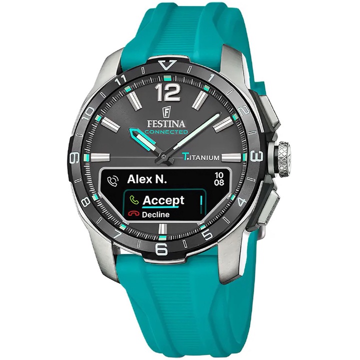 Ceas Festina Barbati Titan, Gri, Ecran AMOLED, Rezistent la apa 30m, Curea Silicon Albastru