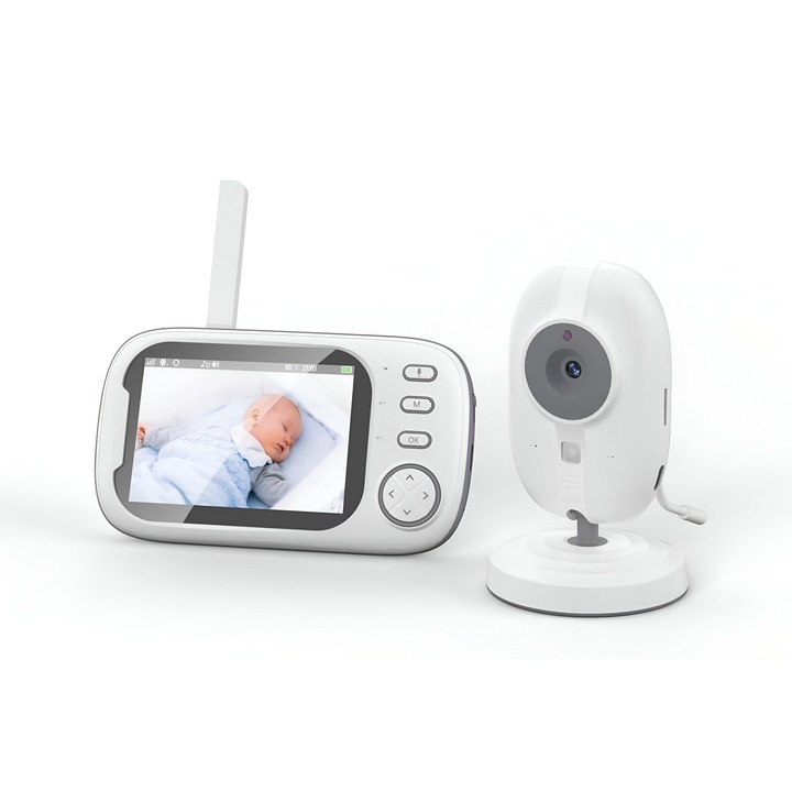 Baby Monitor AMYMAT, 8 Cantece, Vedere Nocturna, Mod VOX, Sunet Bidirectional, Alarma Temperatura, Transmisie Fara Wi-Fi, Raza de 100 M, Inregistrare in Bucla, Alerta Alaptare/Plans, Monitorizare 360°, Control Volum, Ecran LCD HD, Alb ABM600