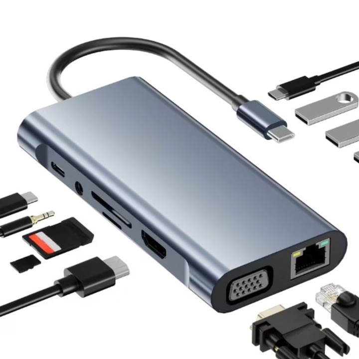Адаптер USB-C 3.1 Multiport 11 в 1 DSD®, HDMI 4K, VGA, LAN RJ45 Ethernet, 1x USB-C Data, 3x USB-A 3.0, Jack Audio, PD 100W, TF и SD четец на карти, Съвместим с лаптоп Lenovo, Dell, HP, Asus, телефон, таблет, сив