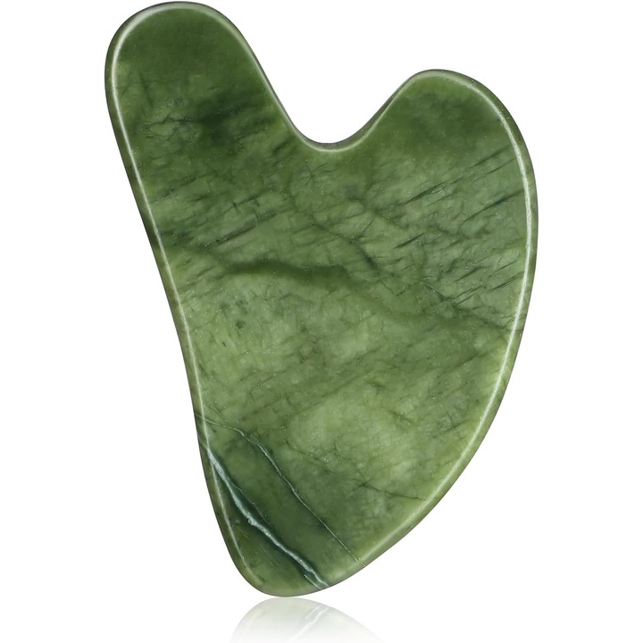 Gua Sha din Piatra de Jad pentru Masaj Facial si Lifting Natural, Axroad Mall, Pentru ten uniform, Drenaj limfatic facial, Imbunatatirea circulatiei, Relaxare musculara, Tonifiere piele, Cuart, 8x5.4x0.43cm, Verde inchis
