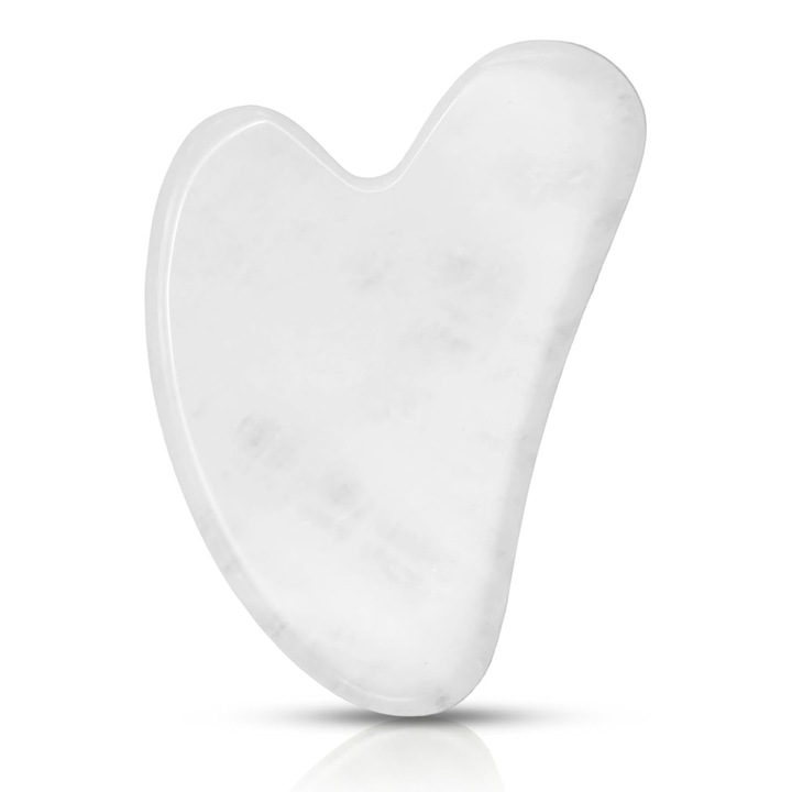 Gua Sha din Piatra de Jad pentru Masaj Facial si Lifting Natural, Axroad Mall, Pentru ten uniform, Drenaj limfatic facial, Imbunatatirea circulatiei, Relaxare musculara, Tonifiere piele, Cuart, 8x5.4x0.43cm, Alb