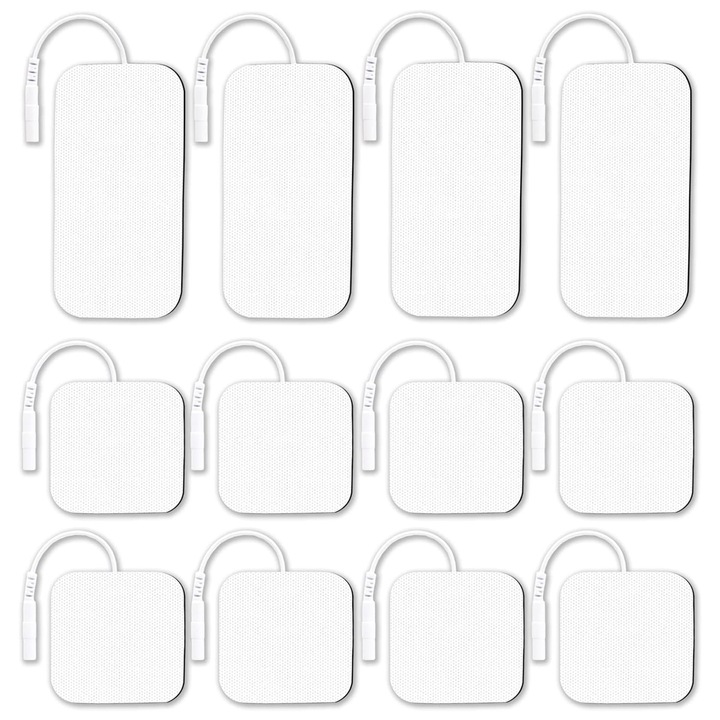 Set 12 de electrozi gel autoadezivi, Axroad Mall, Compatibile cu TENS, EMS, Reutilizabile, Ppentru aparat de masaj cu electrostimulare / fizioterapie, 5/10.5 x 5 cm, Forma patrata, Alb