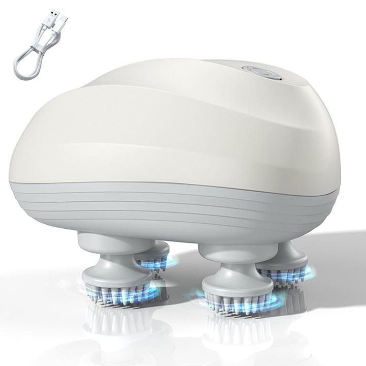 Aparat pentru masaj capilar, Axroad Mall, Masaj scalp, Cu 96 noduri flexibile de silicon, 4 capete rotative, 1200mAh, 3 Viteze, IPX7 rezistent la apa, Pentru relaxare profunda si stimulare scalp si par, Turcoaz lucios Alb