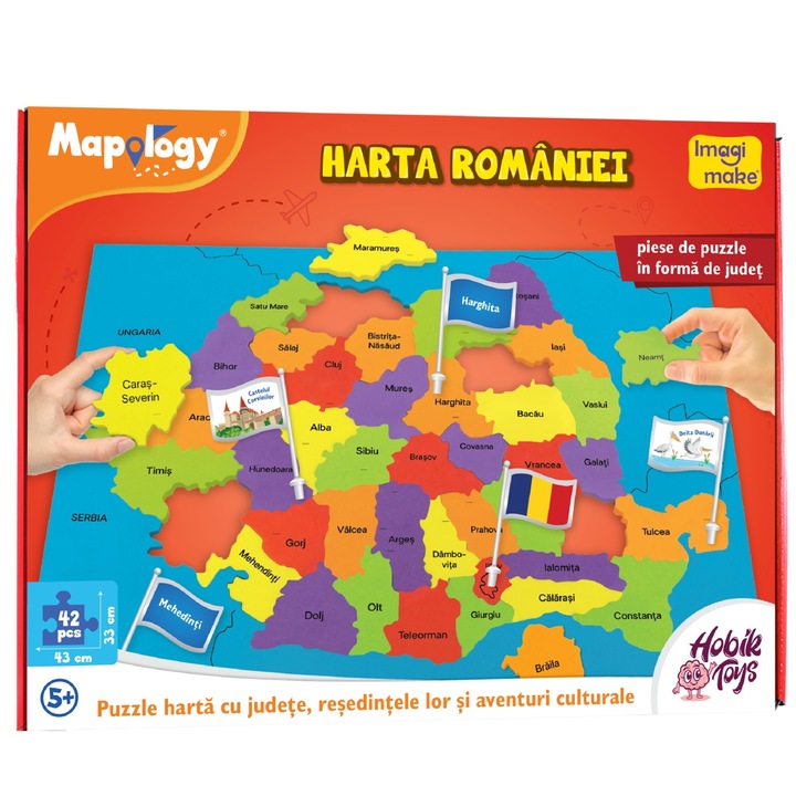 Harta Romaniei - Puzzle Judete, Resedinte si Obiective turistice, +5 ani