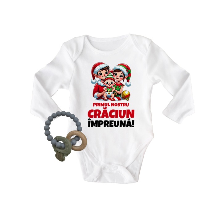 Set body personalizat de Craciun cu o familie de elfi + jucarie zornaitoare in forma de cheie - material silicon si lemn, 56 cm