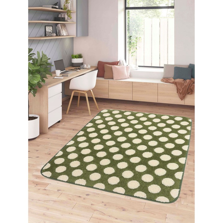 Covor, elSimone, 120 x 170 cm, Verde Oliv, Plusat, Efect 3D, Moale, Pufos, Antiderapant, Lavabil, Spuma Groasa, Izolare Termica, Design Modern, Sigur Pentru Copii, Calitate Premium