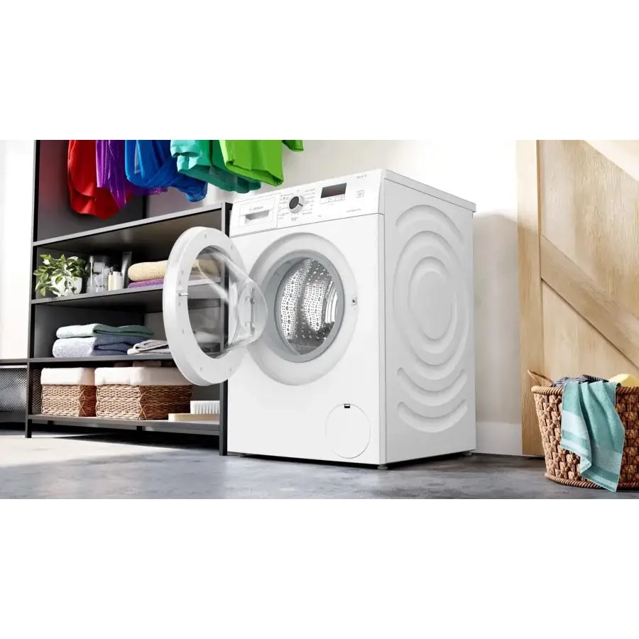 Masina de spalat, Bosch WGE02200BY, SER2, Masina de spalat 7kg, A, 1200 rpm, 51/71dB(A), waveDrum 65l, 4 optiuni, SpeedPerfect, Hygiene+, Blugi/spalare inchisa, usa alba