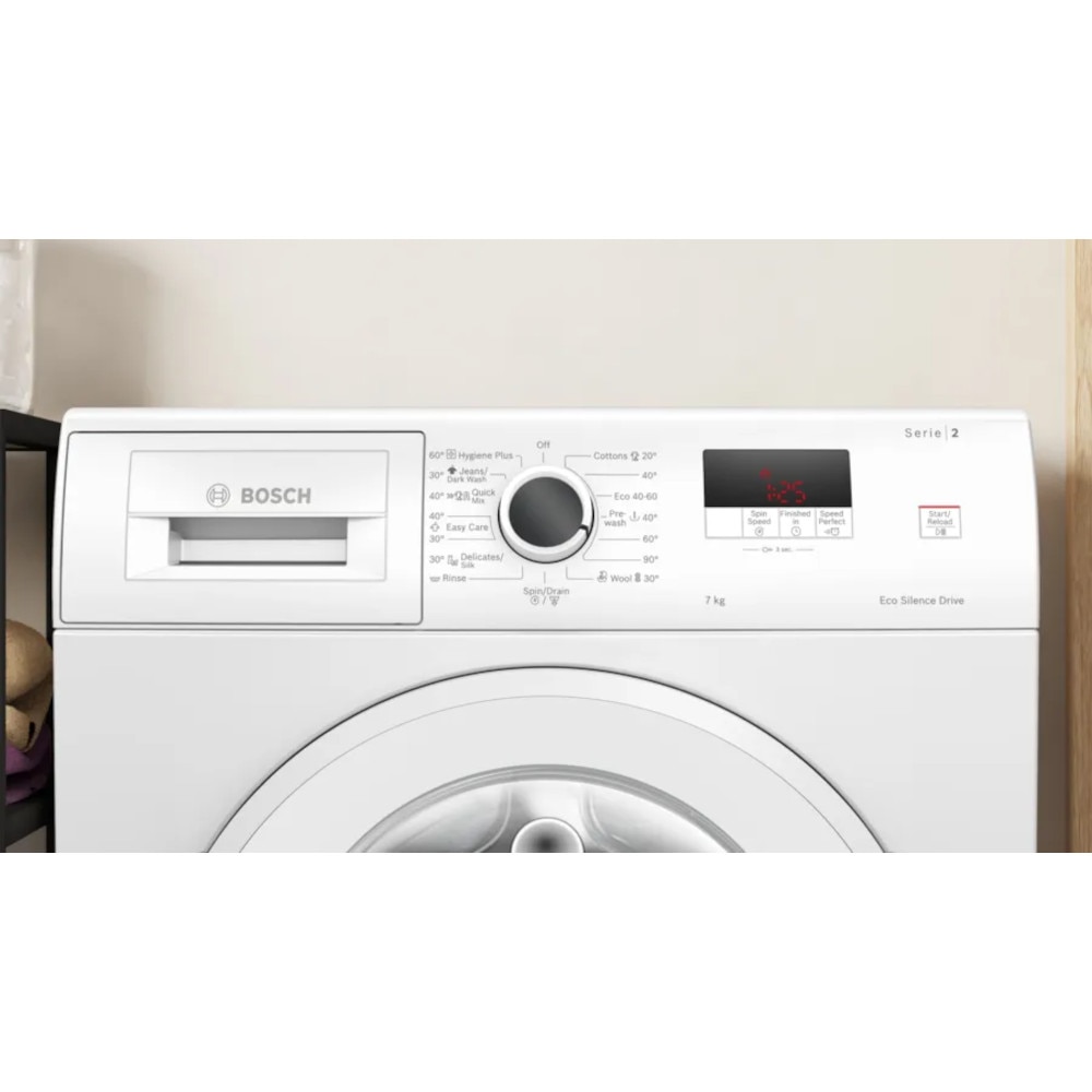 Masina de spalat, Bosch WGE02200BY, SER2, Masina de spalat 7kg, A, 1200 rpm, 51/71dB(A), waveDrum 65l, 4 optiuni, SpeedPerfect, Hygiene+, Blugi/spalare inchisa, usa alba