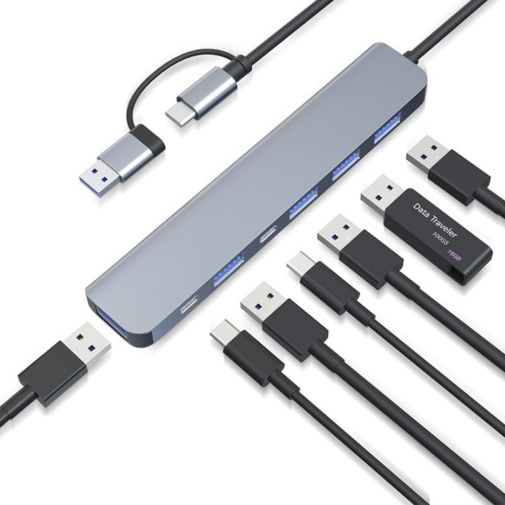 Хъб USB/USB-C 7-в-2, AHA PRINT®, свързване на мишка, клавиатура, камера и други устройства - USB 3.0 5Gbps, 4*USB2.0 и 2*USB-C - за лаптоп, таблет и други USB- C устройства