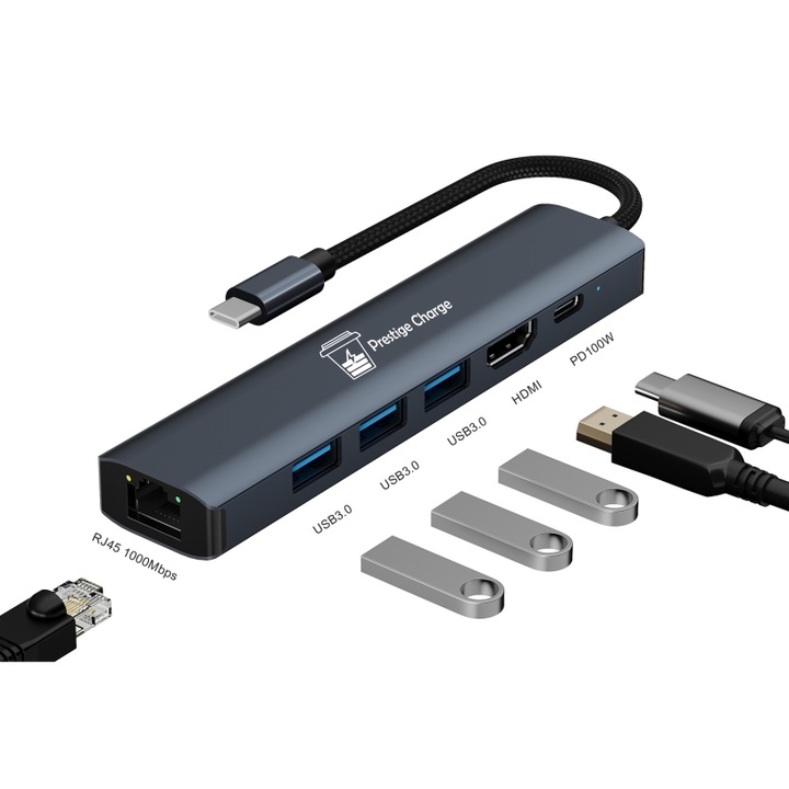 Хъб 6-в-1 USB-C, PRESTIGE CHARGE®, връзка за монитор, захранване за лаптоп, мрежа и трансфер на данни - Gigabit Ethernet LAN порт 1000Mbps, 4K HDMI, 100W PD, 3*USB 3.0 5Gbps