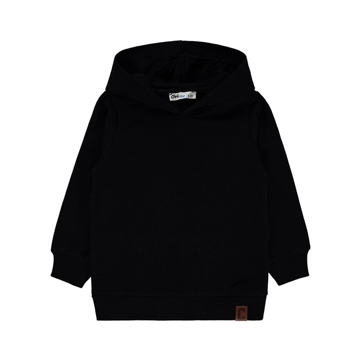 Hanorac uni pentru copii cu gluga, ERAKIDS, Bumbac/Elastan, Negru