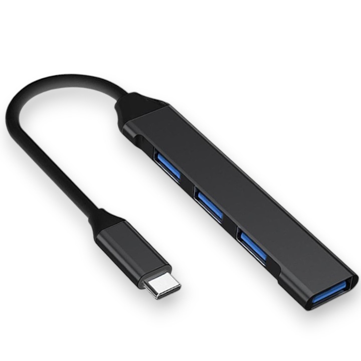 Hub adaptor Type C to Usb, 4 port usb, 3.0 si 2.0, negru, Win, Android, Ios, Mac os