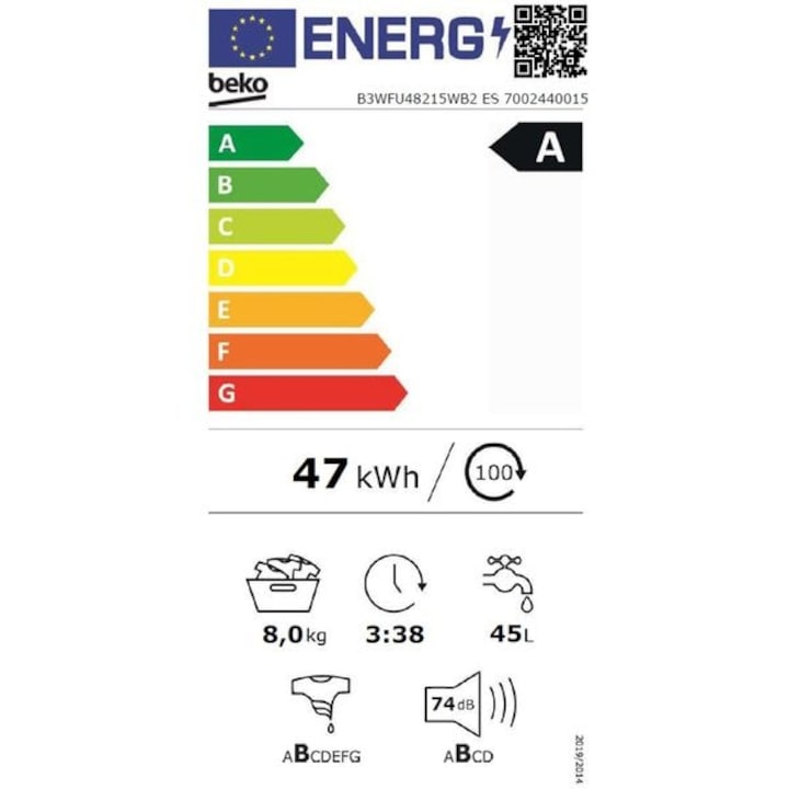 Masina de Spalat Rufe Frontala BEKO B3WFU48215WB2 ES, EnergySpin, SteamCure, 8 kg, 1200rpm, Clasa A, Alb
