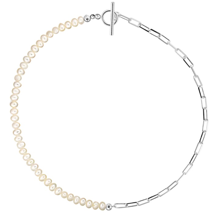 Colier ag.925 cu perle de cultura albe rotunde 6mm + lant paperclip, inchizatoare toggle S