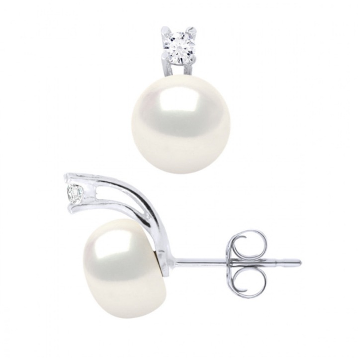 Cercei cu Perle naturale tip buton, 9-10 mm, Calitate AAA+, Argint si Zirconiu