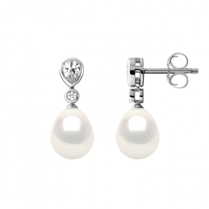 Cercei cu Perle naturale, 7-8 mm, Calitate AAA+, argint si Zirconiu, antialergic