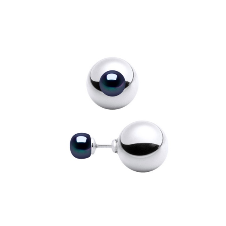 Cercei din argint cu Perle naturale de cultura, negre, tip buton, 7-8 mm, Calitate AAA+