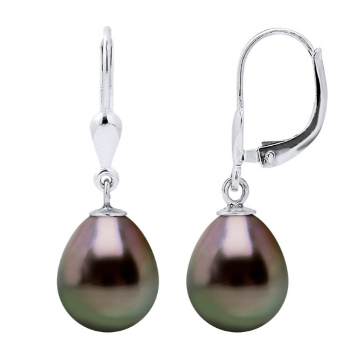 Cercei cu Perle naturale negre in forma de para, 9-10 mm, calitate A+, aur alb