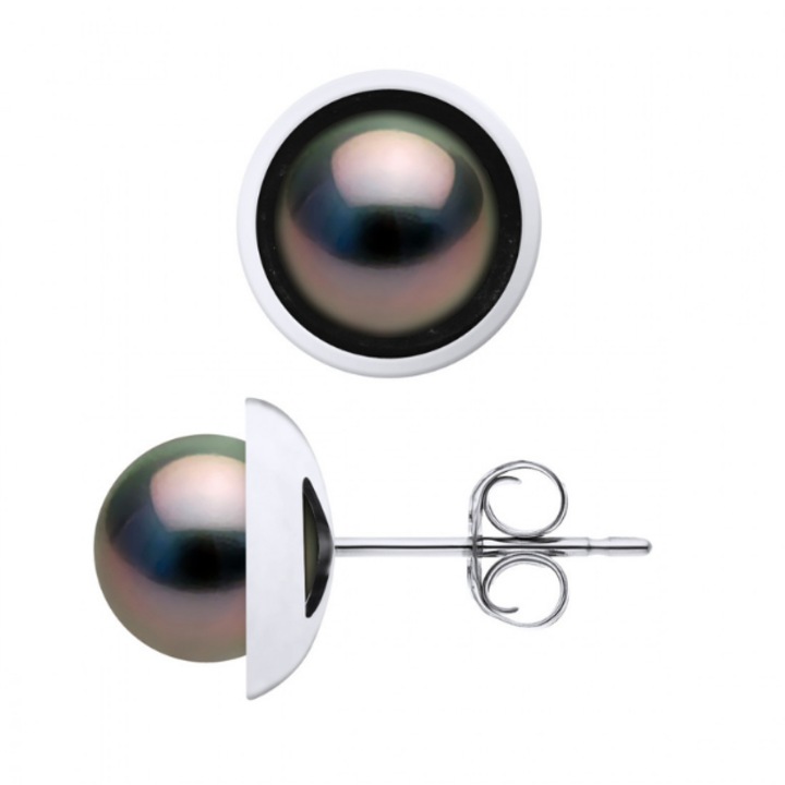 Cercei din aur alb cu perle negre de cultura de Tahiti, Rotunde, 9-10 mm, Calitate A+