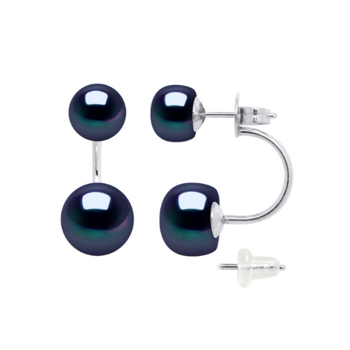 Cercei cu 2 Perle naturale tip buton, Calitate AAA+, perle negre si argint