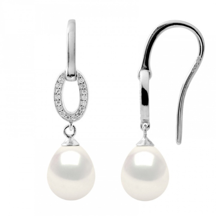 Cercei din argint 100% antialergic cu Perle naturale in Forma de Para, 8-9 mm, Calitate AAA+ si Zirconiu