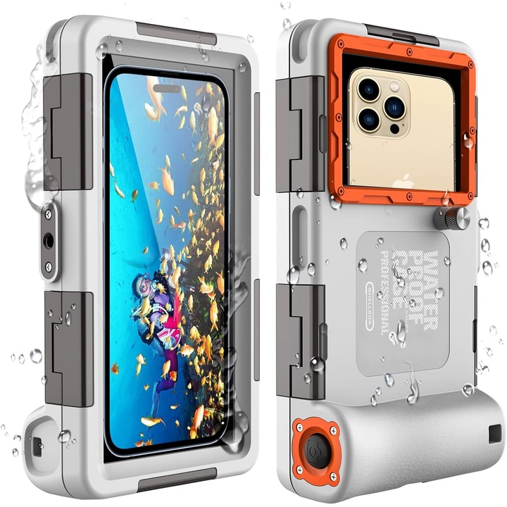 Husa impermeabila pentru telefon mobil ShellBox, pentru telefoane de 7.0 inch, ideala pentru utilizare sub apa, compatibila pentru inot si baie, gri/portocaliu