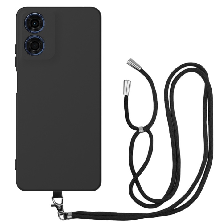 Husa compatibila cu Motorola Moto E14, Sport Body Lanyard Case, Snur detasabil, Lungime reglabila, 80 cm, Silicon anti-alunecare, Interior de microfibra, Negru