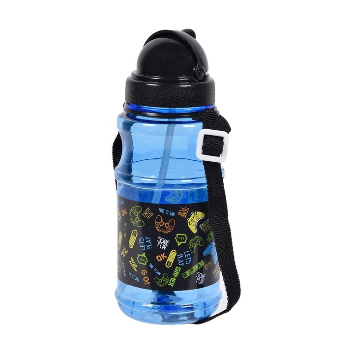 Синя черна игрална пластмасова изскачаща бутилка за вода за деца 500 ml