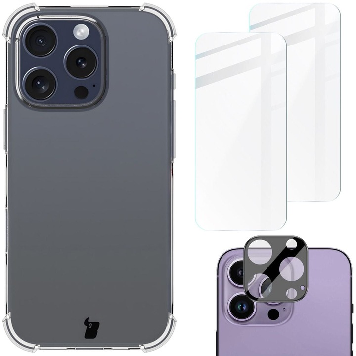 Комплект калъф + 2x стъкло + стъкло за обектив, Bizon Case Clear Pack, iPhone 16 Pro, Прозрачен
