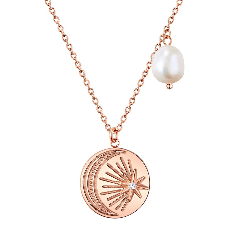 Valero Pearls, Colier placat cu aur de 18K si decorat cu pandantiv de cristal si perla de cultura, Auriu rose