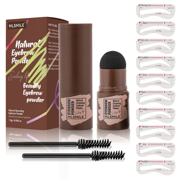 Kit pentru sprancene, tip stampila, MLSMILE, 10 sabloane, 2 perii, Maro Inchis