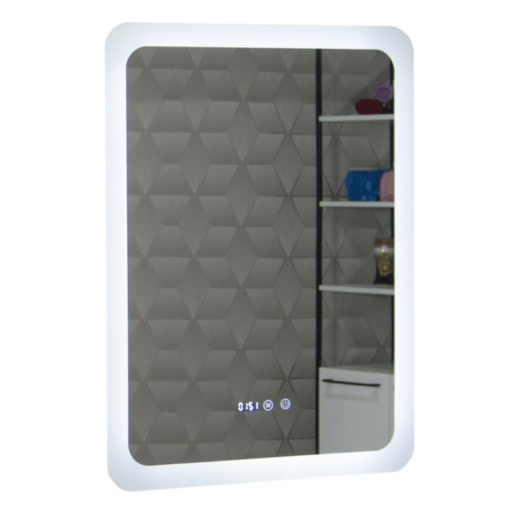 Oglinda baie GNMD21 cu iluminare LED, functie dezaburire, ceas si termometru, 60 cm, suspendata, alb