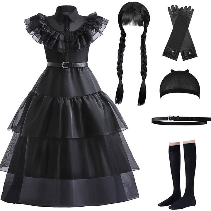 Costum cosplay copii Wednesday Adams, rochie neagră + accesorii, 140cm
